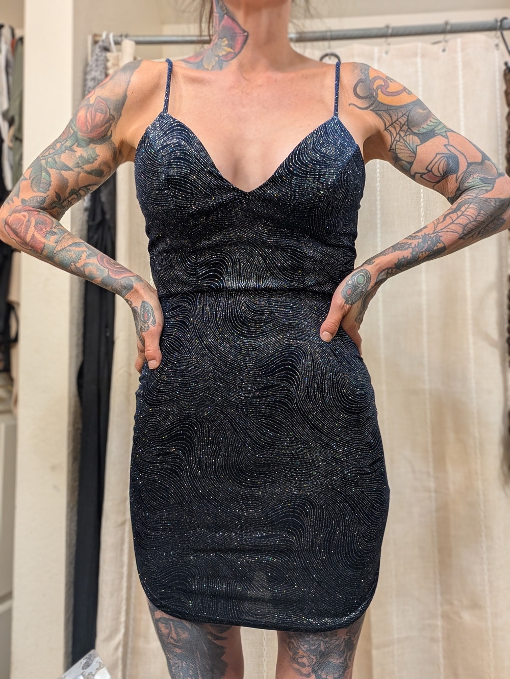 Windsor Navy Blue Glitter Spaghetti Strap Mini Dress